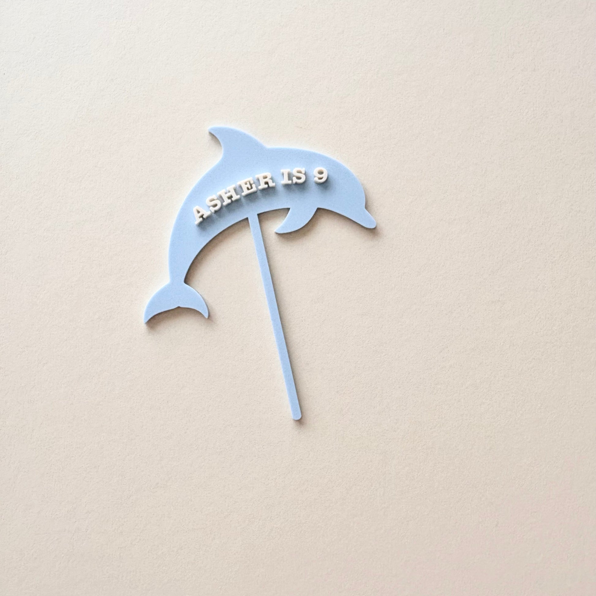 A light blue paper cutout of a dolphin on a stick, featuring the text 'ASHER IS 9' in raised silver letters, displayed on a warm beige textured background.